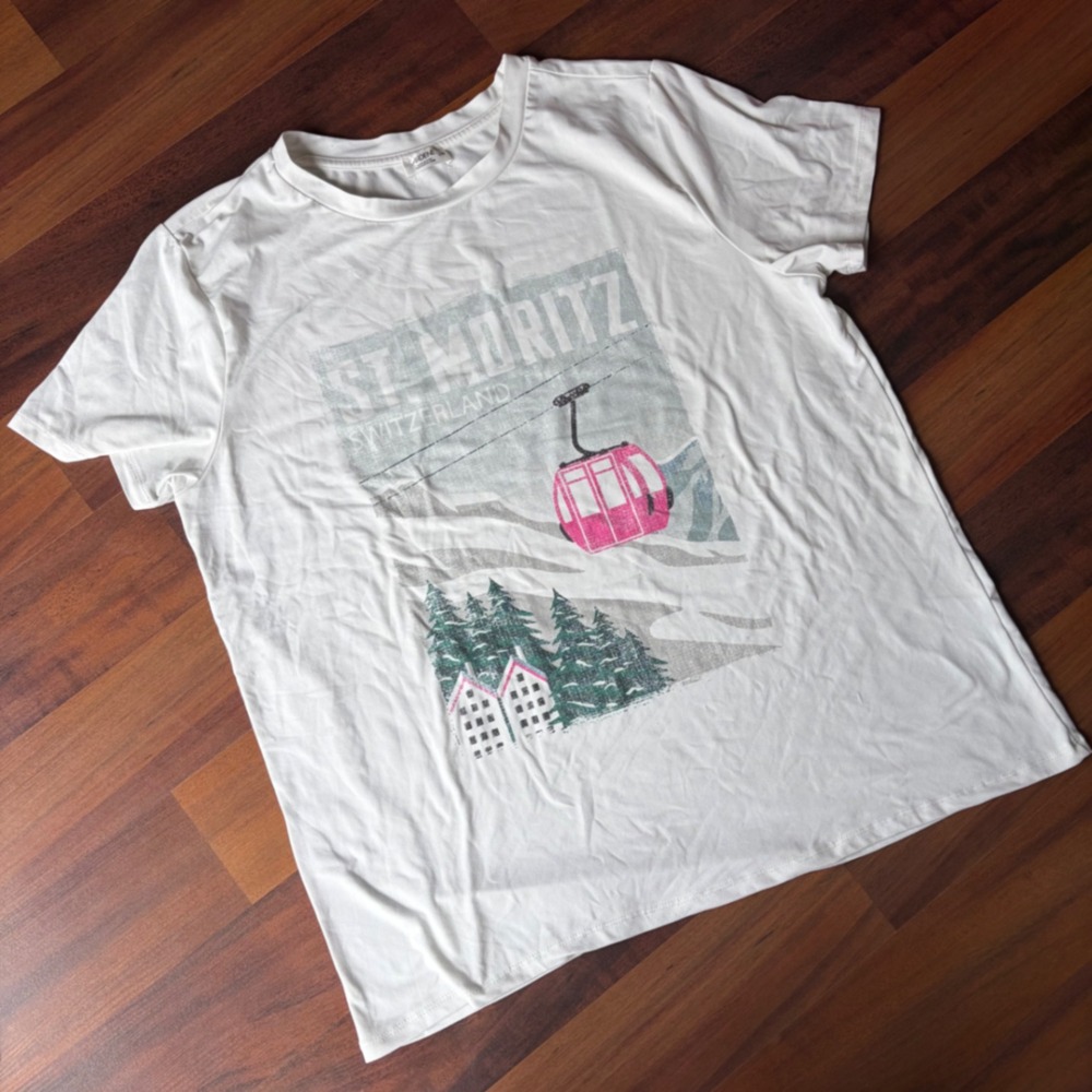 Ardene St Moritz Switzerland Graphic Tee White Pink Gondola Short Sleeve L-XL